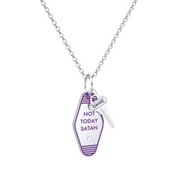 Not Today Satan Engravable Retro Keychain Charm Necklace with Accent - Purple in 925 Sterling Silver with Aquamarine
