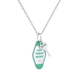 Not Today Satan Engravable Retro Keychain Charm Necklace with Accent - Green
