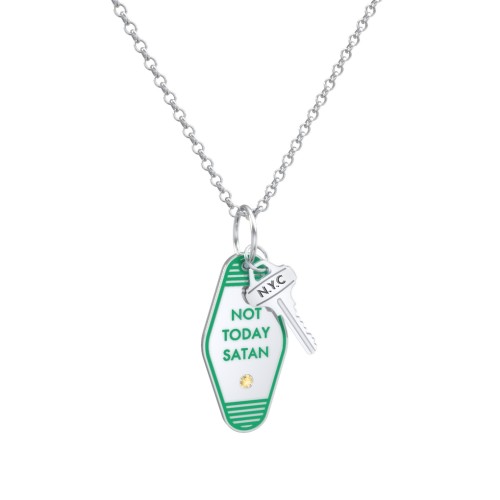 Not Today Satan Engravable Retro Keychain Charm Necklace with Accent - Green – Sterling Silver with Citrine