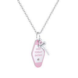 Not Today Satan Engravable Retro Keychain Charm Necklace with Accent - Pink in 925 Sterling Silver with Smokey Quartz