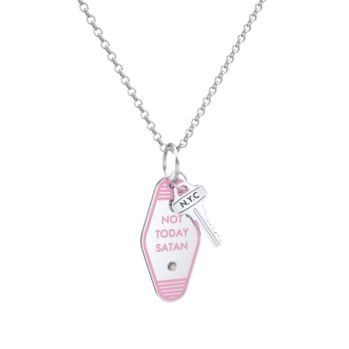 Not Today Satan Engravable Retro Keychain Charm Necklace with Accent - Pink – Sterling Silver with Smokey Quartz