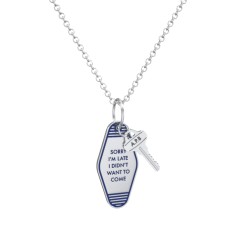 Sorry I'm Late Engravable Retro Keychain Charm Necklace - Dark Blue