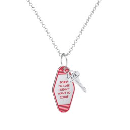 Sorry I'm Late Engravable Retro Keychain Charm Necklace - Red in 925 Sterling Silver with Cubic Zirconia