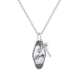 Lucky Engravable Retro Keychain Charm Necklace with Accent - Black in 925 Sterling Silver with Blue Topaz