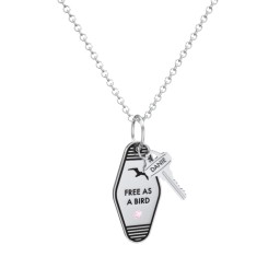 Free As A Bird Engravable Retro Keychain Charm Necklace with Accent - Black in 925 Sterling Silver with Pink Tourmaline