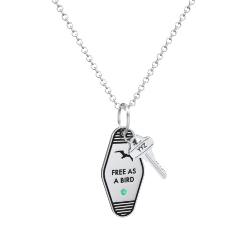 Free As A Bird Engravable Retro Keychain Charm Necklace with Accent - Black – Sterling Silver with Emerald