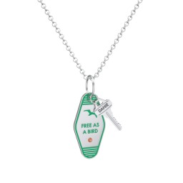 Free As A Bird Engravable Retro Keychain Charm Necklace with Accent - Green in 925 Sterling Silver with Garnet