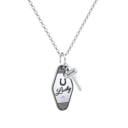 Lucky Horseshoe Engravable Retro Keychain Charm Necklace with Accent - Black in 925 Sterling Silver with Amethyst