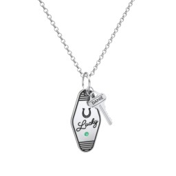 Lucky Horseshoe Engravable Retro Keychain Charm Necklace with Accent - Black in 925 Sterling Silver with Emerald