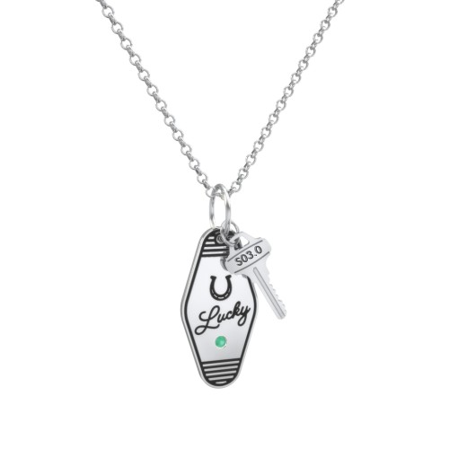 Lucky Horseshoe Engravable Retro Keychain Charm Necklace with Accent - Black – Sterling Silver with Emerald