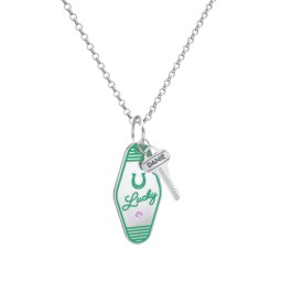 Lucky Horseshoe Engravable Retro Keychain Charm Necklace with Accent - Green in 925 Sterling Silver with Amethyst