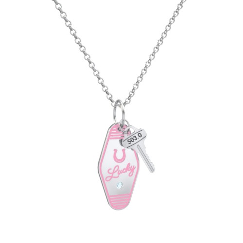 Lucky Horseshoe Engravable Retro Keychain Charm Necklace with Accent - Pink – Sterling Silver with Blue Topaz