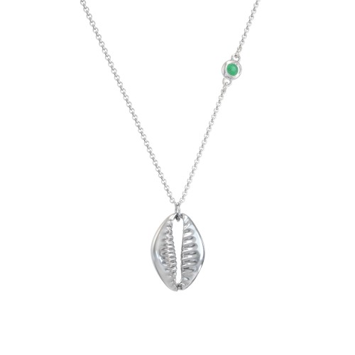 Coffee Bean Shell Necklace with Bezel Set Gemstone – Sterling Silver with Emerald