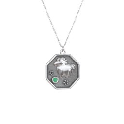 Year of the Horse Engravable Zodiac Medallion Necklace in 925 Sterling Silver with Emerald