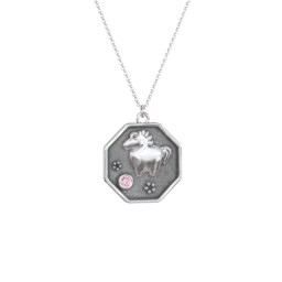 Year of the Horse Engravable Zodiac Medallion Necklace in 925 Sterling Silver with Pink Tourmaline