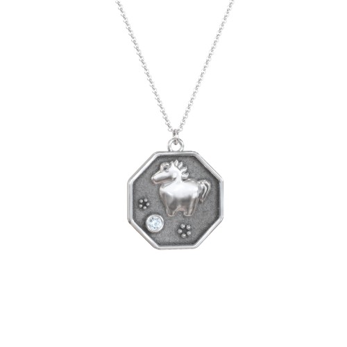 Year of the Horse Engravable Zodiac Medallion Necklace – Sterling Silver with Aquamarine