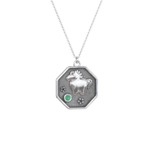 Year of the Horse Engravable Zodiac Medallion Necklace – Sterling Silver with Emerald