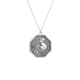 Year of the Monkey Engravable Zodiac Medallion Necklace in 925 Sterling Silver with Emerald