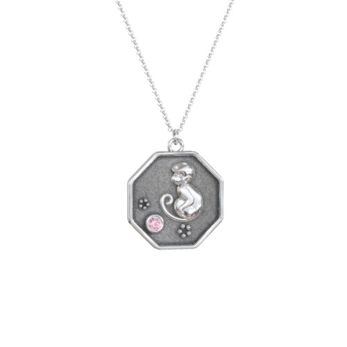 Year of the Monkey Engravable Zodiac Medallion Necklace – Sterling Silver with Pink Tourmaline