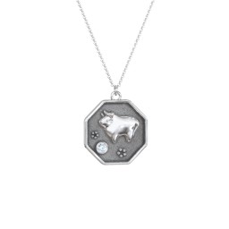 Year of the Ox Engravable Zodiac Medallion Necklace in 925 Sterling Silver with Aquamarine