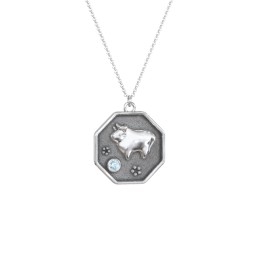 Year of the Ox Engravable Zodiac Medallion Necklace in 925 Sterling Silver with Blue Topaz