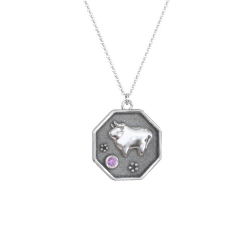 Year of the Ox Engravable Zodiac Medallion Necklace – Sterling Silver with Amethyst