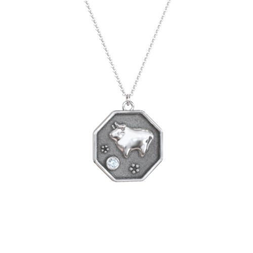 Year of the Ox Engravable Zodiac Medallion Necklace – Sterling Silver with Aquamarine
