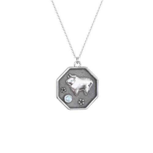 Year of the Ox Engravable Zodiac Medallion Necklace – Sterling Silver with Blue Topaz
