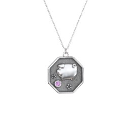 Year of the Pig Engravable Zodiac Medallion Necklace in 925 Sterling Silver with Amethyst