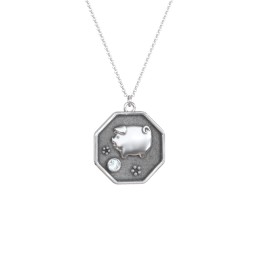 Year of the Pig Engravable Zodiac Medallion Necklace in 925 Sterling Silver with Aquamarine