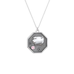 Year of the Pig Engravable Zodiac Medallion Necklace in 925 Sterling Silver with Pink Tourmaline