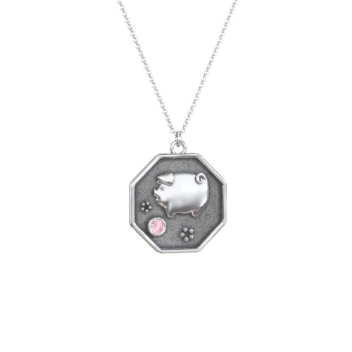 Year of the Pig Engravable Zodiac Medallion Necklace – Sterling Silver with Pink Tourmaline