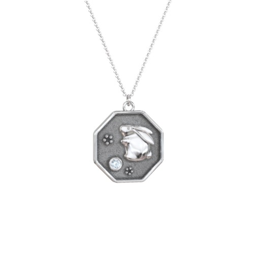 Year of the Rabbit Engravable Zodiac Medallion Necklace – Sterling Silver with Aquamarine