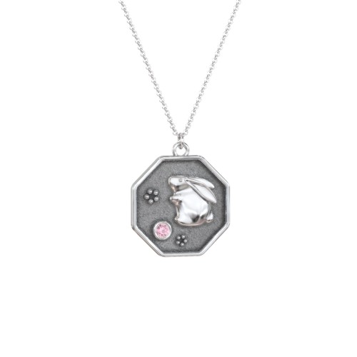 Year of the Rabbit Engravable Zodiac Medallion Necklace – Sterling Silver with Pink Tourmaline