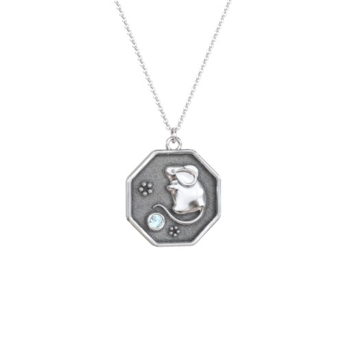 Year of the Rat Engravable Zodiac Medallion Necklace – Sterling Silver with Blue Topaz