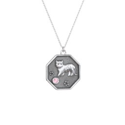 Year of the Tiger Engravable Zodiac Medallion Necklace in 925 Sterling Silver with Pink Tourmaline