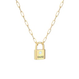 Engravable Lock Necklace with Gemstone in 18K Gold Plated Silver with Aquamarine