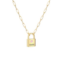 Engravable Lock Necklace with Gemstone in 18K Gold Plated Silver with Pink Tourmaline