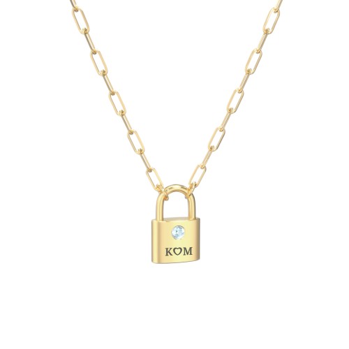 Engravable Lock Necklace with Gemstone – 18K Gold Plated Silver with Blue Topaz