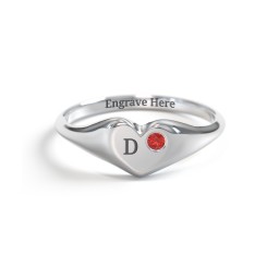 Initial Heart Signet Ring with Gemstone in 925 Sterling Silver with Garnet