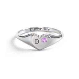 Initial Heart Signet Ring with Gemstone in 925 Sterling Silver with Amethyst