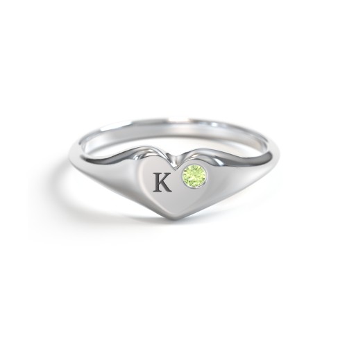Initial Heart Signet Ring with Gemstone – Sterling Silver with Peridot