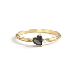 Dainty Diagonal Gemstone Heart Ring with Accent in 18K Gold Plated Silver with Smokey Quartz and Cubic Zirconia