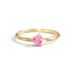 Dainty Diagonal Gemstone Heart Ring with Accent in 18K Gold Plated Silver with Pink Tourmaline and Cubic Zirconia