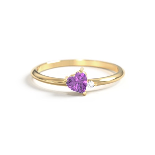 Dainty Diagonal Gemstone Heart Ring with Accent – 18K Gold Plated Silver with Amethyst and Cubic Zirconia
