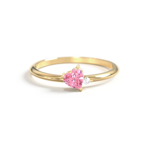 Dainty Diagonal Gemstone Heart Ring with Accent – 18K Gold Plated Silver with Pink Tourmaline and Cubic Zirconia