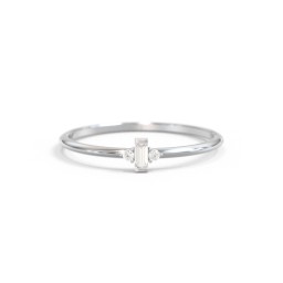 Vertical Minimalist Baguette Ring with Accents in 10K Solid White Gold with Cubic Zirconia