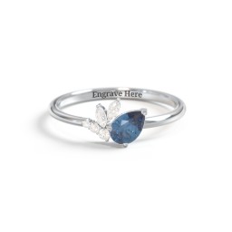 Tilted Pear Gemstone Ring with Cluster Accents in 10K Solid White Gold with Blue Topaz and Cubic Zirconia