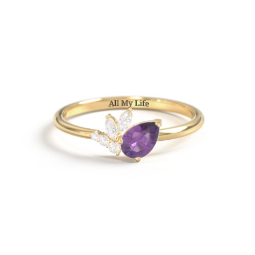 Tilted Pear Gemstone Ring with Cluster Accents – 10K Yellow Gold with Amethyst and Cubic Zirconia