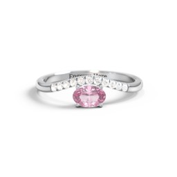 East-West Oval Gemstone Curved Ring with Accents in 10K Solid White Gold with Pink Tourmaline and Cubic Zirconia